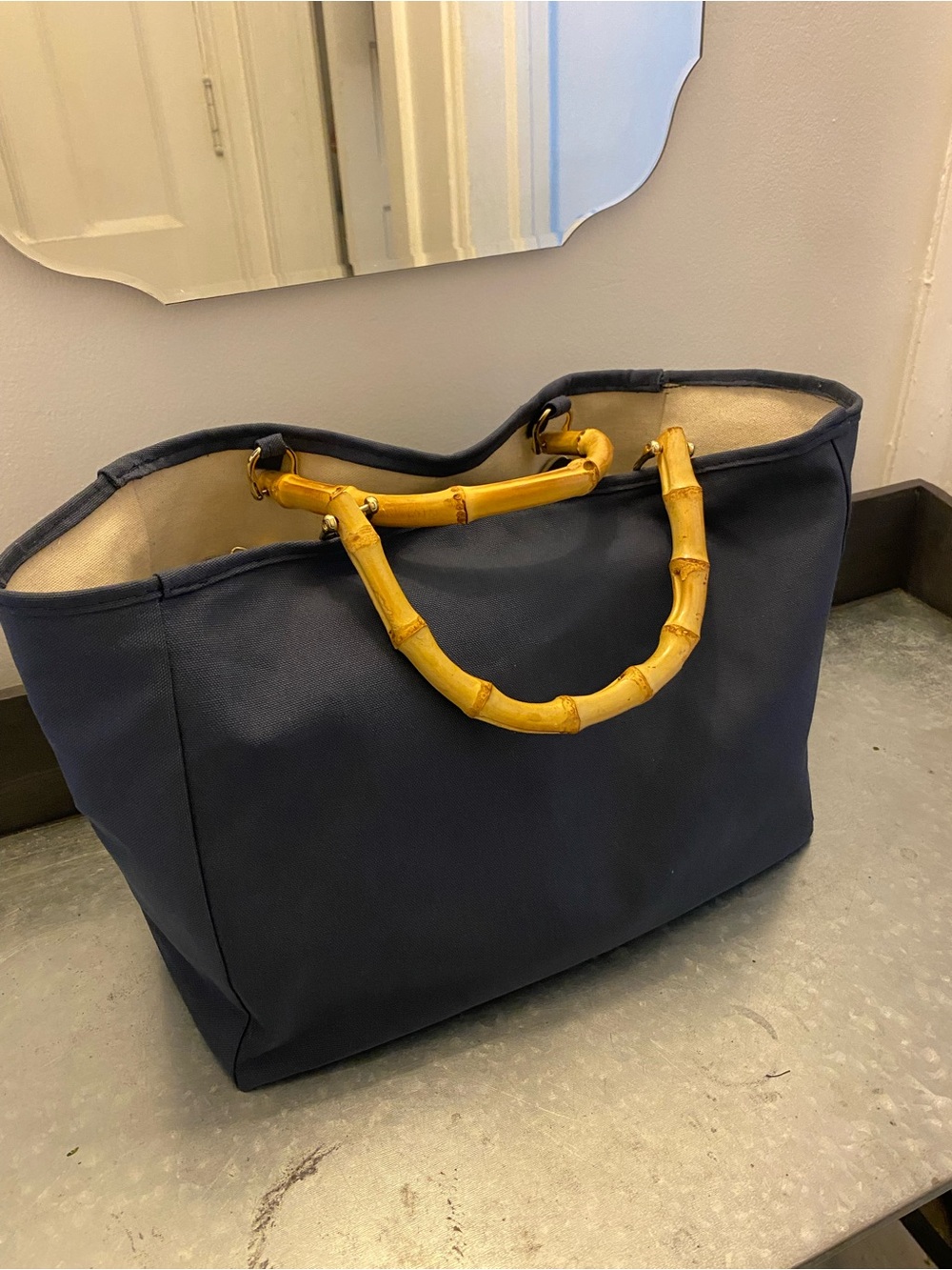 Navy Canvas Tote Bag with Bamboo Handles